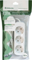 Сетевой удлинитель DEFENDER E318 3 розетки, 10А, 2200Вт, 1.8м, заземление, белый